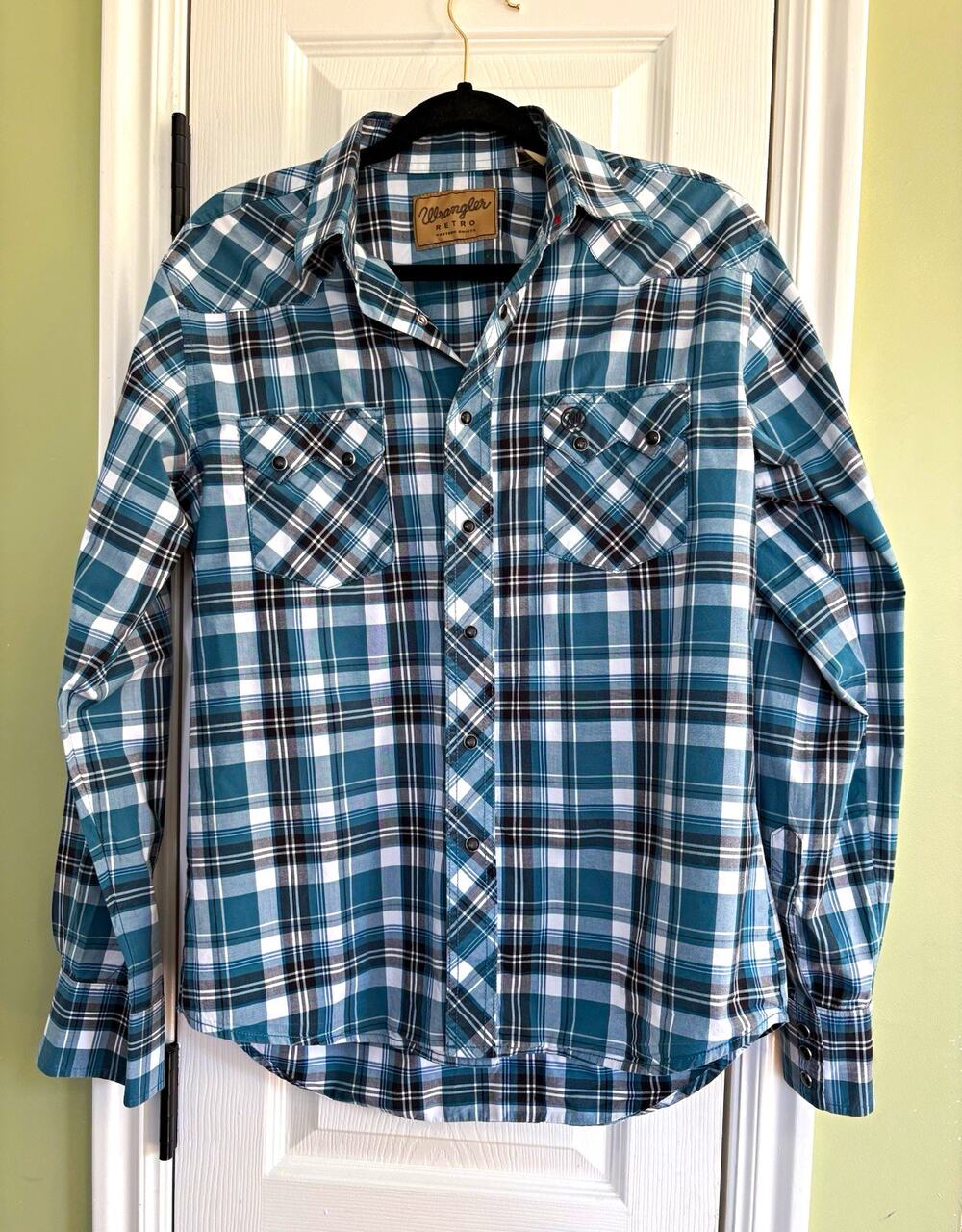 Lot of 2 Wrangler Retro Western Shirt Men's Plaid Long Sleeve Pearl Snap M